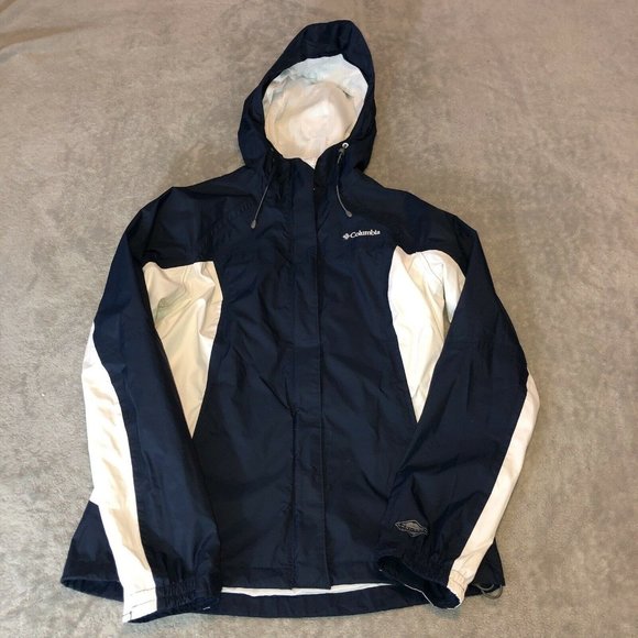 COLUMBIA Women's Arcadia II Full Zip Hooded Rain Jacket Navy White Size Medium